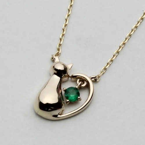 10金 イエローゴールド ネックレス エメラルド エレガントキャット ペンダント　2342-PG15