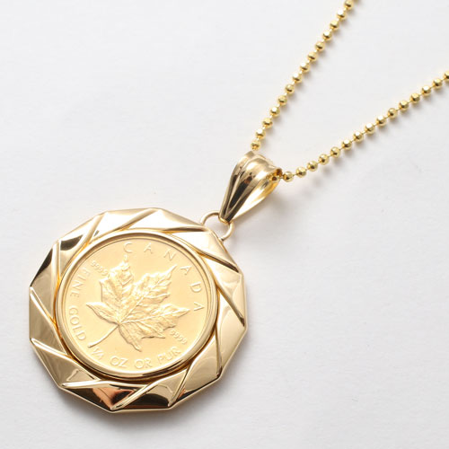 純金 メイプルリーフコイン 1/4オンス ペンダント K18枠 両面ガラス入り　2845-PG15