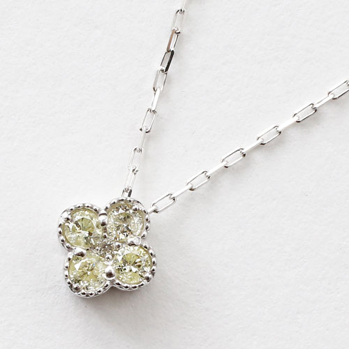 10金 K10WG ダイヤモンド 0.1ct ペンダント クローバー 小豆チェーン ネックレス　3035-PG16