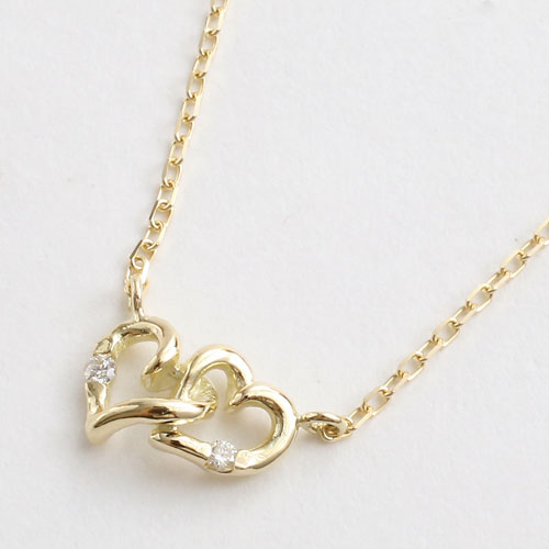 10金 10K K10YG ネックレス ペンダント ダブルハート 天然石 ダイヤモンド  小豆チェーン　5314-PG16