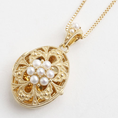 10金イエローゴールド ロケットペンダント シードパール アンティークデザイン ベネチアンチェーン スライド式　5318-LS16