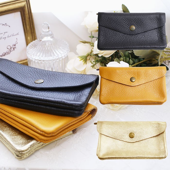 【MAISONFANLI】小銭入れ 小物入れ マルチポーチ 財布/さいふ コインケース ポーチ型 コンパクト 薄型 薄い ブラック マスタード ゴールド レザー 革/牛革 オシャレ/お洒落 男女兼用 レディース メンズ 記念日 お祝い 誕生日 母の日 プレゼント 贈り物 5758-IJ24