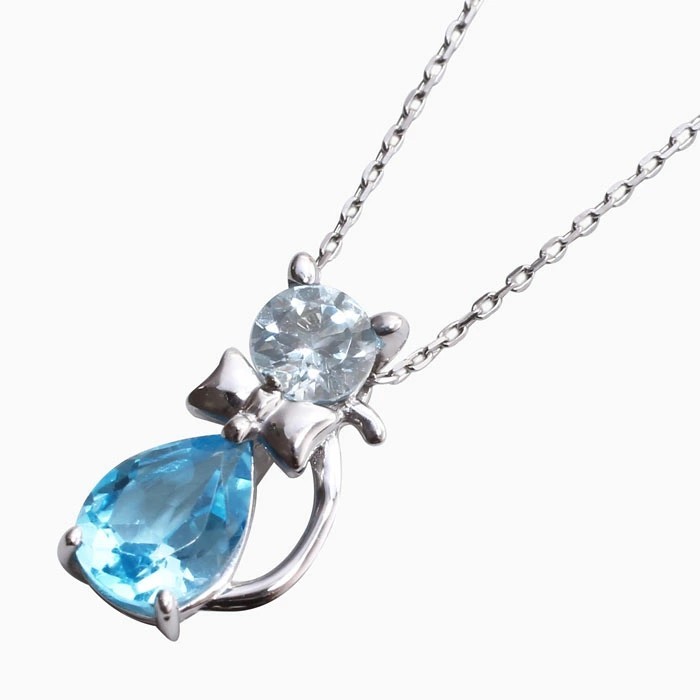 【送料無料】10金/K10 K10WG/ホワイトゴールド ペンダント/ネックレス パワーストーン/天然石 ブルートパーズ/トパーズ ねこ/ネコ/猫/キャットモチーフ アズキチェーン/小豆ネックレス 40cm プレゼント 6228-UK24