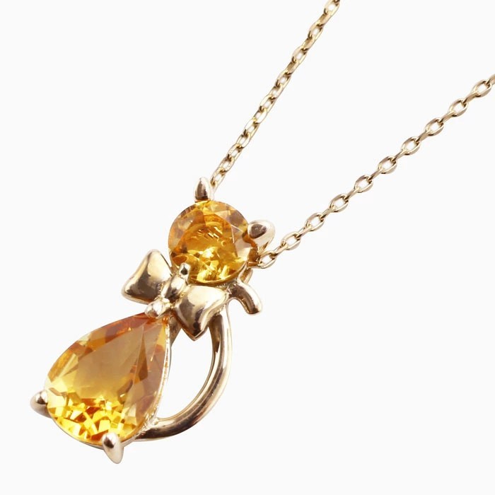 【送料無料】10金/K10 K10YG/イエローゴールド ペンダント/ネックレス パワーストーン/天然石 シトリン ねこ/ネコ/猫/キャットモチーフ アズキチェーン/小豆ネックレス アンティーク調 プレゼント 6231-UK24
