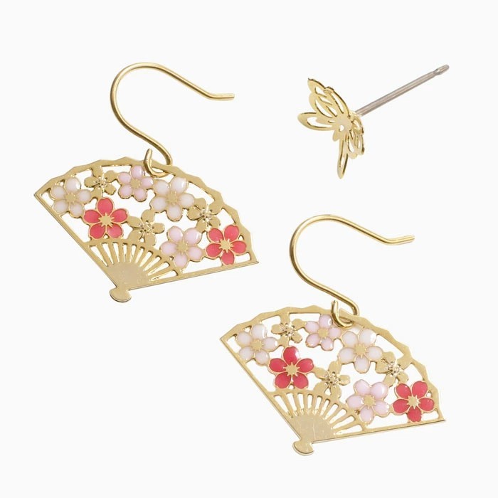 ピアス 樹脂ピアス 和風ピアス フック式 扇子 センス 桜 蝶 透かし ３点セット 和風 和紙 樹脂 ガラス 真鍮 メッキ ピンクゴールド 和 浴衣 着物 アクセサリークリックポスト対応6359-GG25