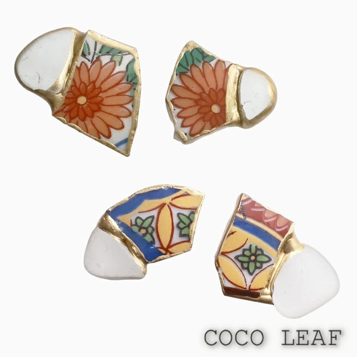クリックポスト便対応【COCO LEAF】有田焼/美濃焼 金継ぎ/金つぎ シーグラス アクセサリー/ピアス スタッド式 手作り/ハンドメイド オシャレ お洒落 女性/ 記念日/お祝い プレゼント/誕生日/ギフト 可愛い カラフル 6365-LL25
