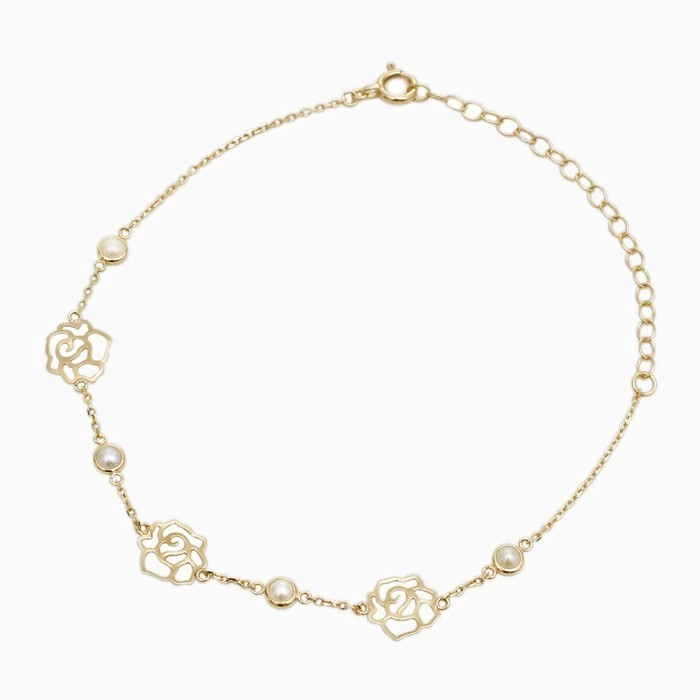 【送料無料】10金/K10/K10YG イエローゴールド ブレスレット レディース 大人アクセサリー バラ 薔薇 ローズ スカシローズ 淡水パール パール 小豆 上品 女性プレゼント 記念日 誕生日 お祝い ギフト 長さ調節可能 アジャスター付き6367-MH25