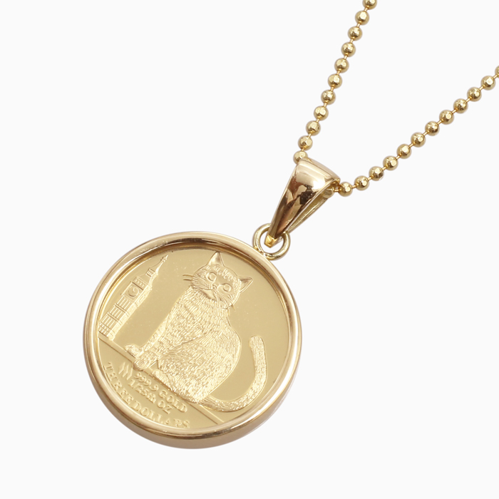 オーストラリア パースミント 製造 純金 K24 24金 PUREGOLD ゴールド COIN 金貨 コインペンダント ネコ 猫 英国ショートヘアー 2024年版 18金 K18 フセコミ枠 SV925 シルバー カットボールチェーン付き 1/25オンス 保護ガラス ギフト 贈り物 6433-MS25