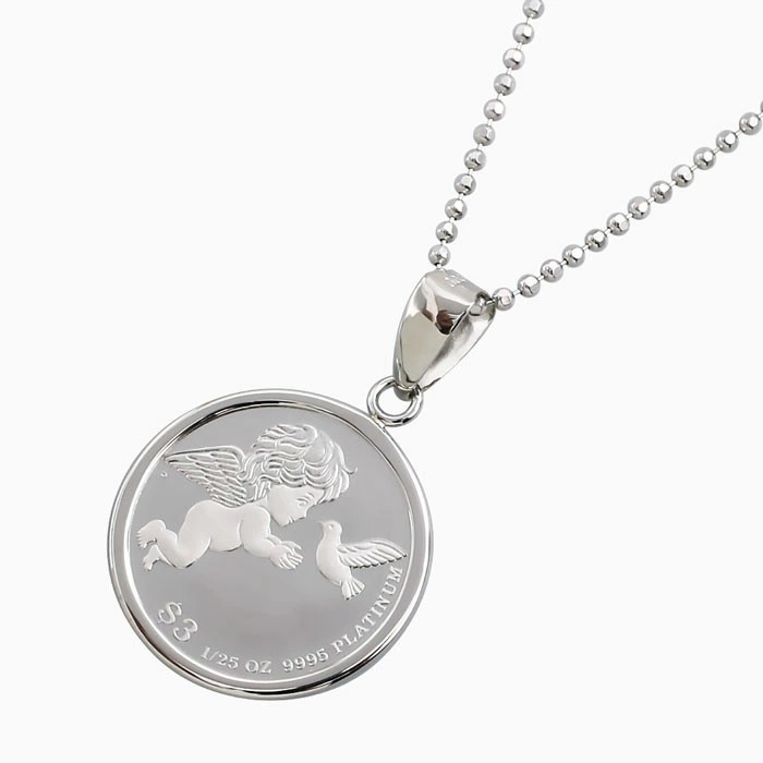 ツバル製 純プラチナ PLATINUM Pt999 Pt900 COIN コイン 金貨 ペンダント エンジェル 天使 ハト 1/25 オンス 1.2g カットボールチェーン付き シルバー925 6635-HG26
