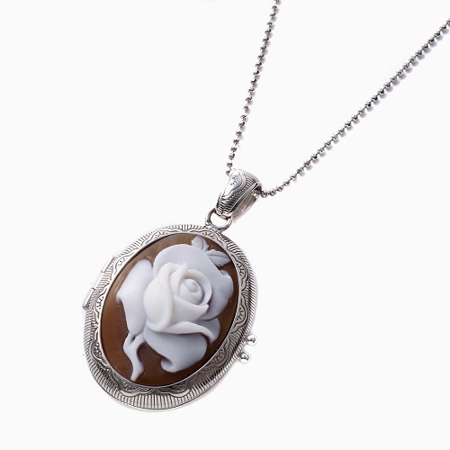 イタリア製 〈CAMEO ITALIANO〉 手掘りシェル カメオ ロケットペンダント 白バラ  7014-DL22