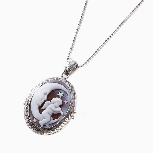 イタリア製 〈CAMEO ITALIANO〉 手掘りシェル カメオ ロケットペンダント 月と天使  7015-DL22