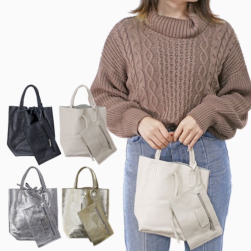 イタリア製 牛革 2WAYバッグ(オフ/ブラック/ゴールド/シルバー) 7182-MA23