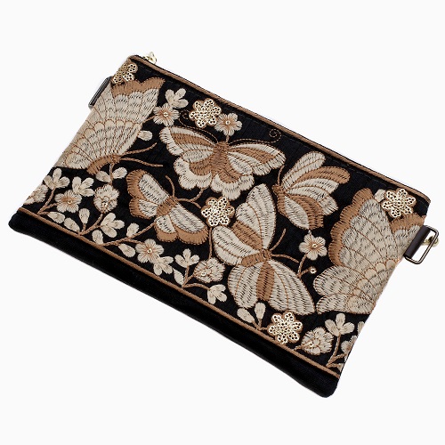 【日本製】インド刺繍リボン 手作りポーチ (黒蝶) 7195-LL24