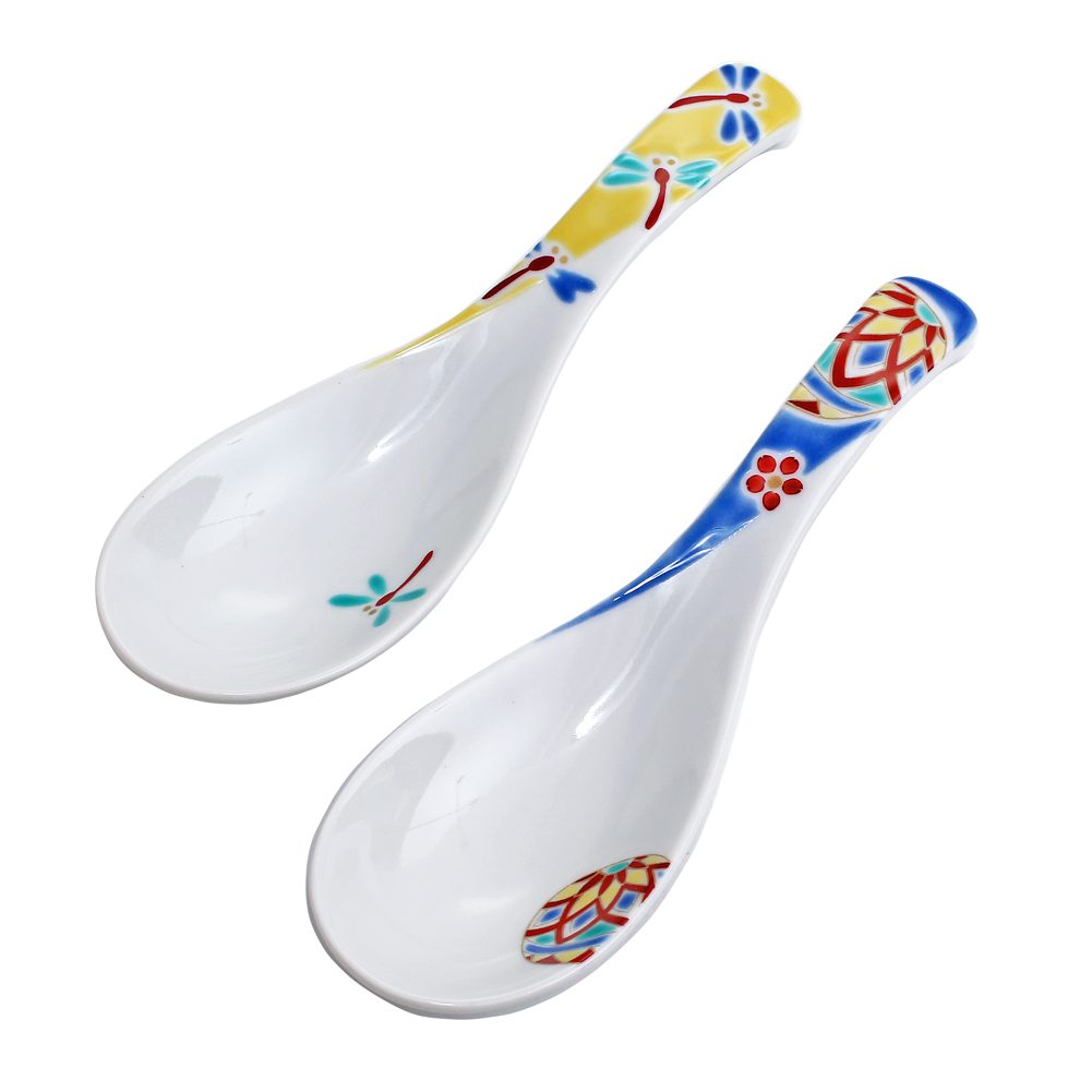 【送料無料】日本製 九谷焼/久谷五彩/北陸伝統工芸/ れんげ/れんげセット 可愛いれんげ スプーン ペアセット/ペア売り とんぼ 手鞠 トンボ マリ コレクション 13cm 食器/陶器/磁器 カトラリー お洒落 個性 上品 可愛い 7258-SK24