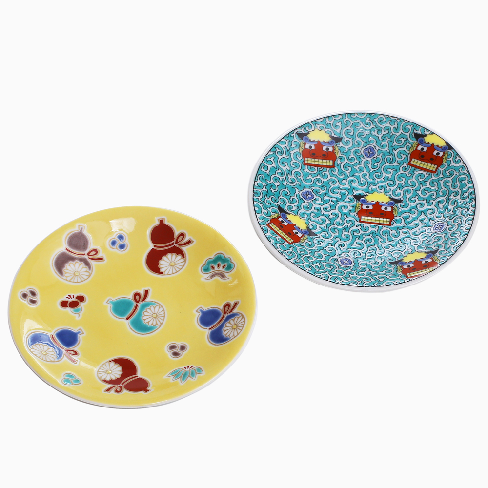 【送料無料】日本製 九谷焼/久谷五彩 磁気/陶器/陶磁器 小皿/皿/お皿 獅子舞 六瓢 ひょうたん 和柄 セット売り/2枚セット 可愛い 華やか/鮮やか お洒落/オシャレ お祝い/記念日/誕生日/結婚祝い/開店祝い プレゼント/贈り物/ギフト 食器/和食器 インテリア 7262-SK24
