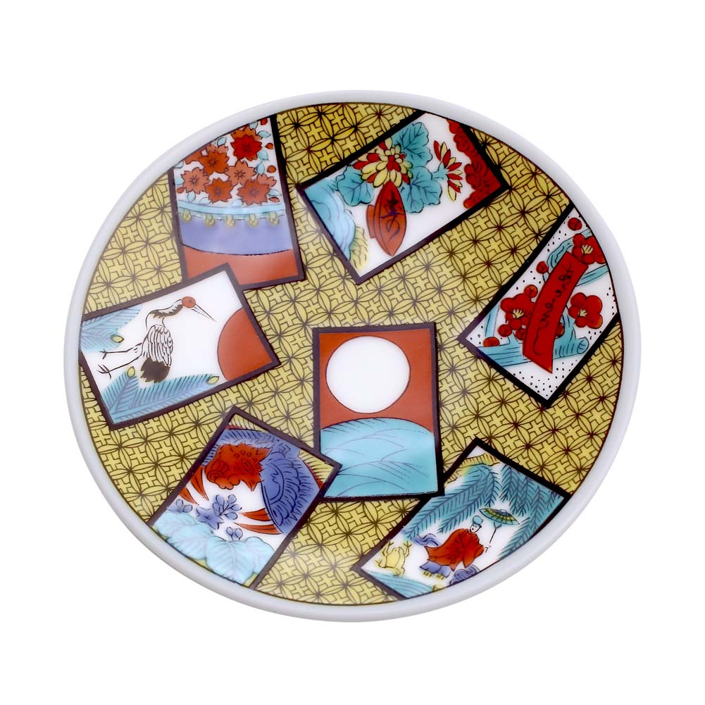 吉祥/KISSYO 日本製 九谷焼 久谷五彩 陶器 陶磁器 磁気 お皿/皿/小皿/縁起小皿/豆皿 食器 和食器 9.5cm 花かるた 和柄 華やか 鮮やか オシャレ お洒落 記念日 お祝い 誕生日 プレゼント 贈り物 祝い品7310-SK25
