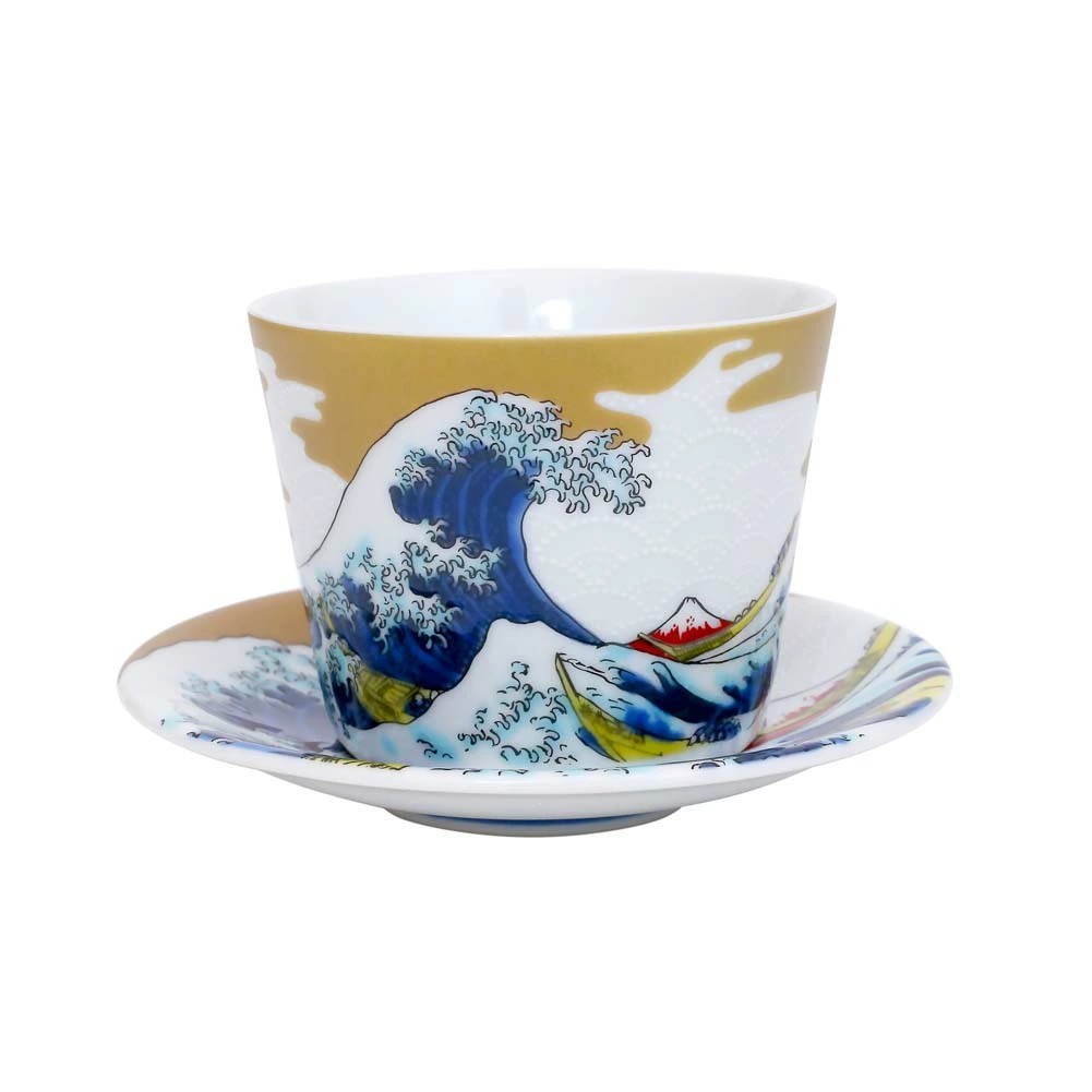 日本製 九谷焼 九谷五彩 磁気 陶器 陶磁器 小皿 コップ カップ ティーセット ソーサー 縁起物 北斎 セット売り 1セット 7333-SK25
