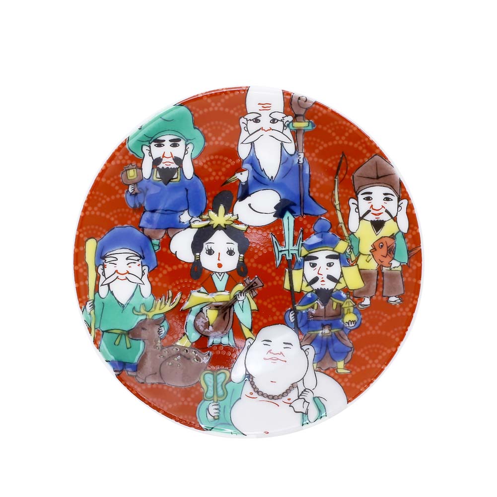 吉祥/KISSYO 日本製 九谷焼 久谷五彩 陶器 陶磁器 磁気 お皿/皿/小皿/縁起小皿/豆皿 食器 和食器 9.5cm 七福神 華やか 鮮やか オシャレ お洒落 記念日 お祝い 誕生日 プレゼント 贈り物 祝い品7381-SK25