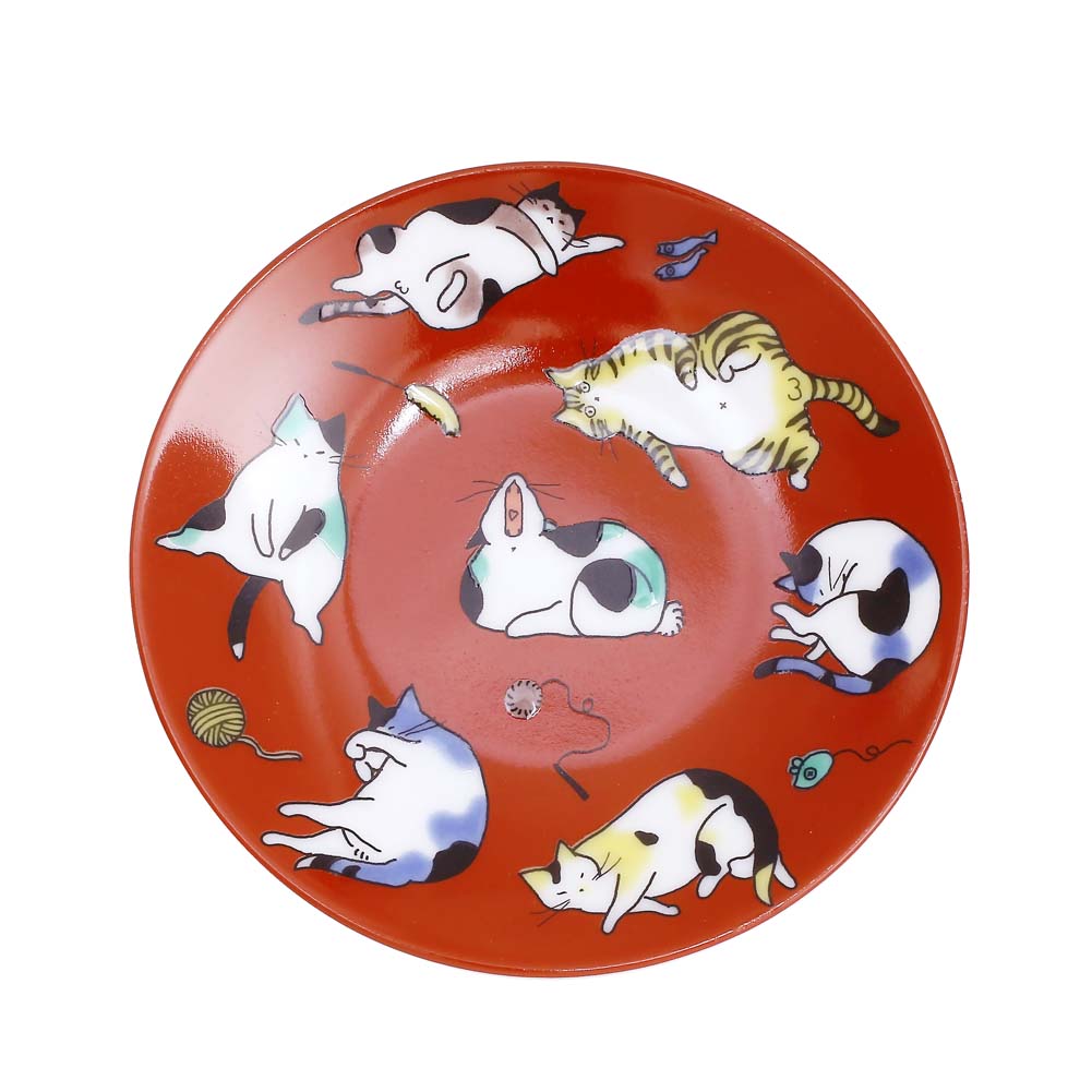 吉祥/KISSYO 日本製 九谷焼 久谷五彩 陶器 陶磁器 磁気 お皿/皿/小皿/縁起小皿/豆皿 食器 和食器 9.5cm 猫 ネコ 華やか 鮮やか オシャレ お洒落 記念日 お祝い 誕生日 プレゼント 贈り物 祝い品7383-SK25