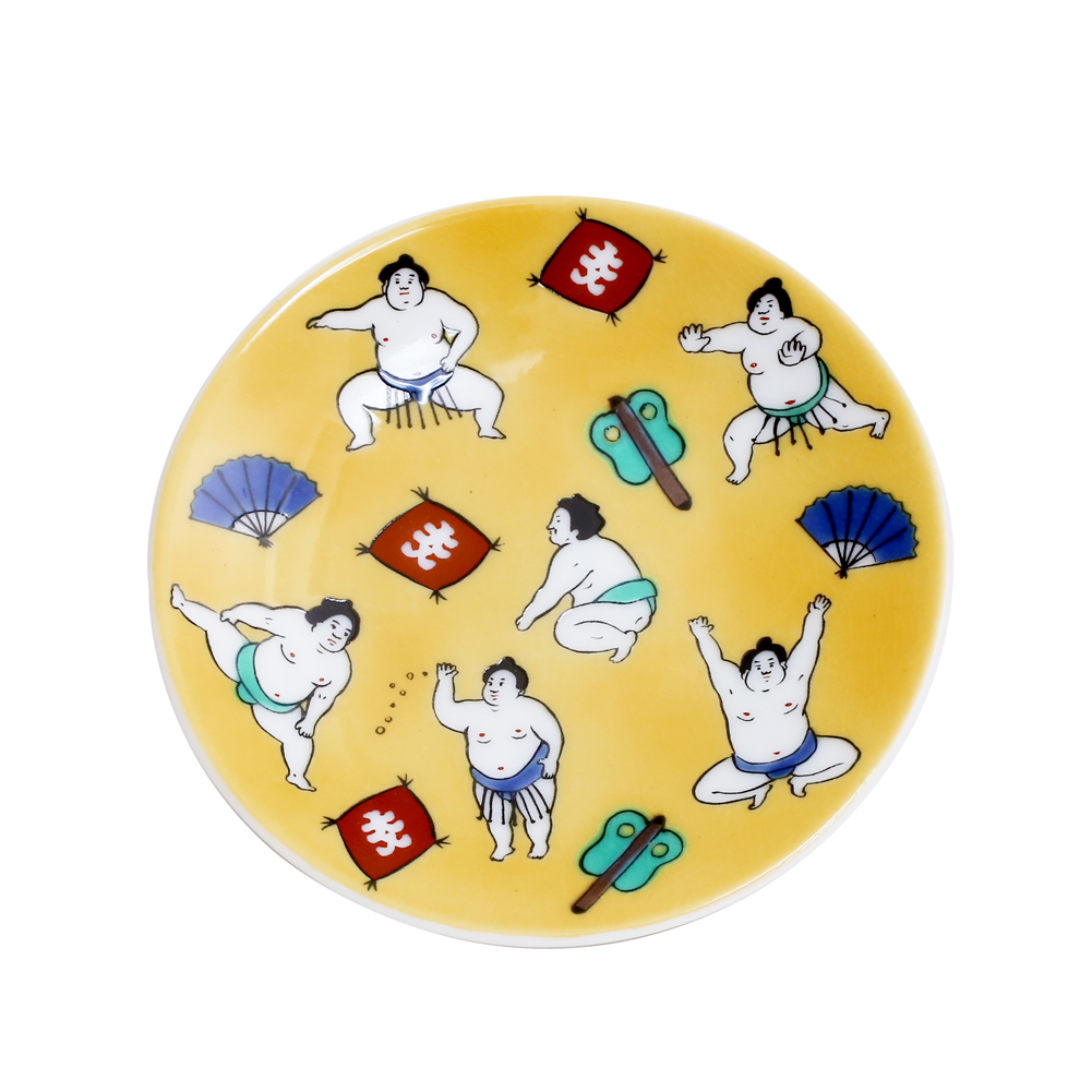 吉祥/KISSYO 日本製 九谷焼 久谷五彩 陶器 陶磁器 磁気 お皿/皿/小皿/縁起小皿/豆皿 食器 和食器 9.5cm お相撲さん 関取 華やか 鮮やか オシャレ お洒落 記念日 お祝い 誕生日 プレゼント 贈り物 祝い品 7386-SK25