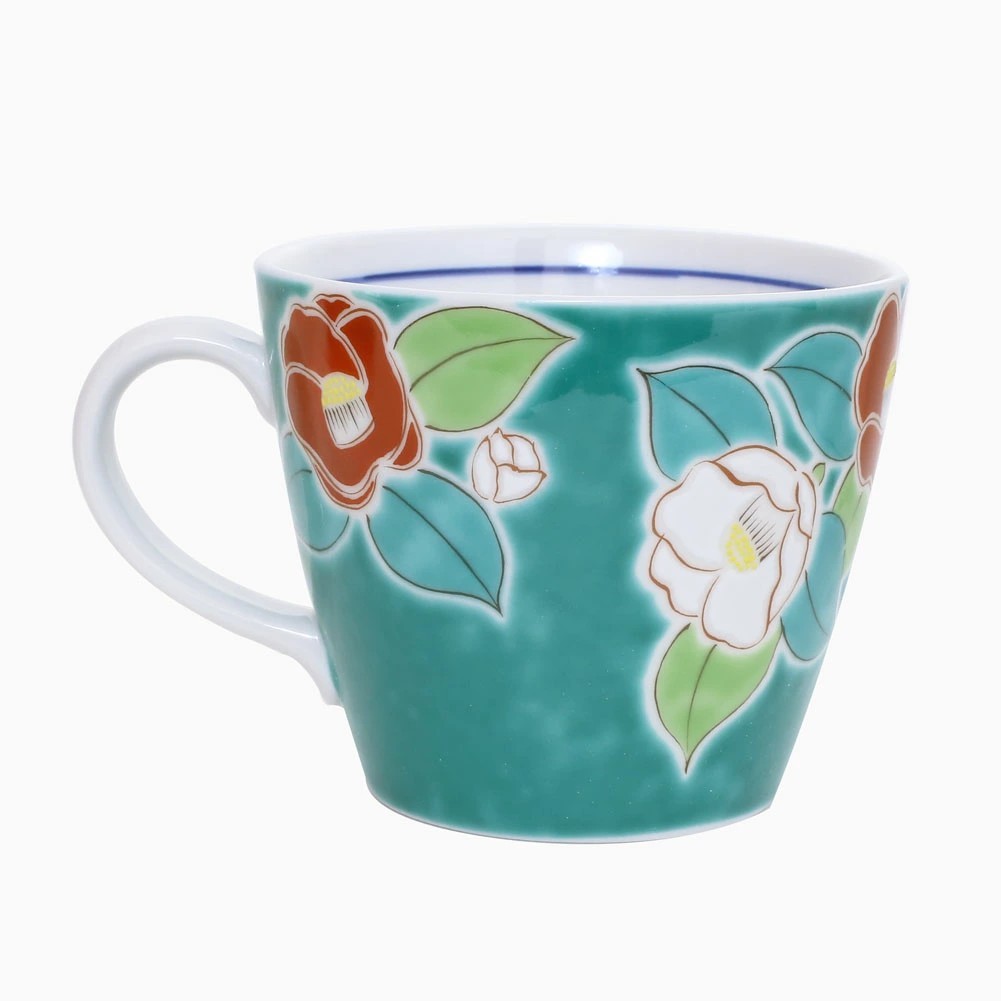 【送料無料】日本製 九谷焼 久谷五彩 磁気 陶器 陶磁器 マグカップ コップ カップ 椿 つばき ツバキ 青郊窯 華やか 鮮やか お洒落 オシャレ お祝い 記念日 誕生日 結婚祝い 開店祝い プレゼント 贈り物 7389-SK25