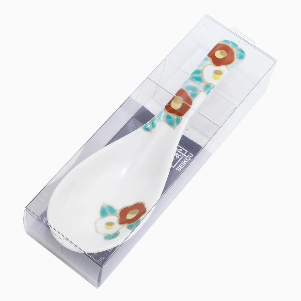 【送料無料】日本製 九谷焼/久谷五彩/北陸伝統工芸/ れんげ/ 可愛いスプーン 紅白椿/ツバキ 和柄 コレクション 14cm 食器/陶器/磁器 カトラリー お洒落 個性 上品 可愛い 7405-SK25