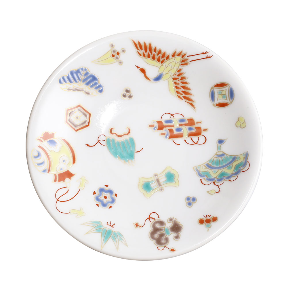 【送料無料】日本製 九谷焼 久谷五彩 陶器 陶磁器 磁気 お皿 皿 小皿 縁起小皿 食器 宝尽くし 和食器 12cm  華やか 鮮やか オシャレ お洒落 記念日  7440-SK25