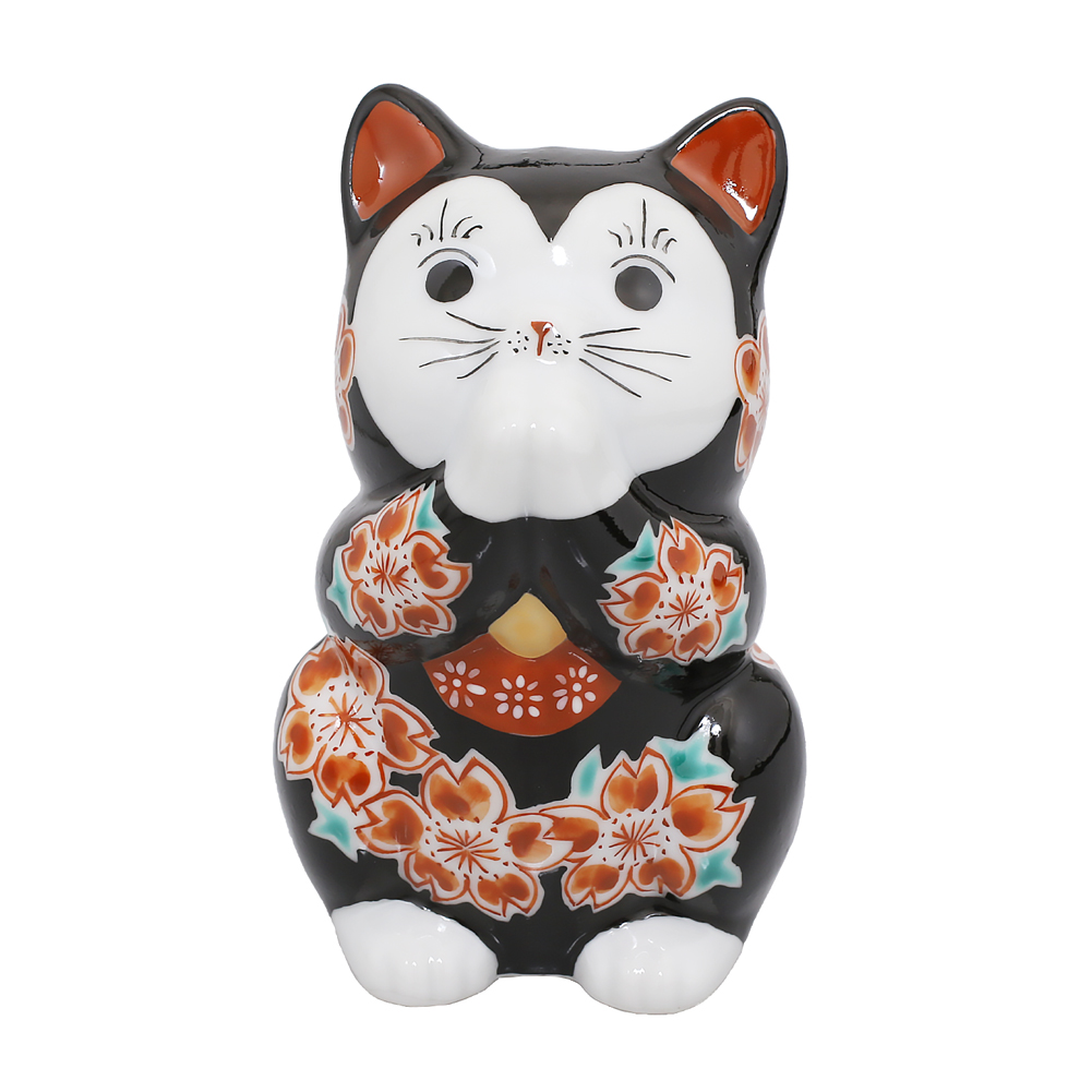 【送料無料】日本製 九谷焼/北陸伝統工芸/工芸品 3.8号 招き猫/招猫//catグッズ/猫好き 黒 釉桜 サクラ 金運/幸運 右手 インテリア/置物/部屋飾り 出産祝い/お祝い/開店祝い/結婚祝い 7495-KT25