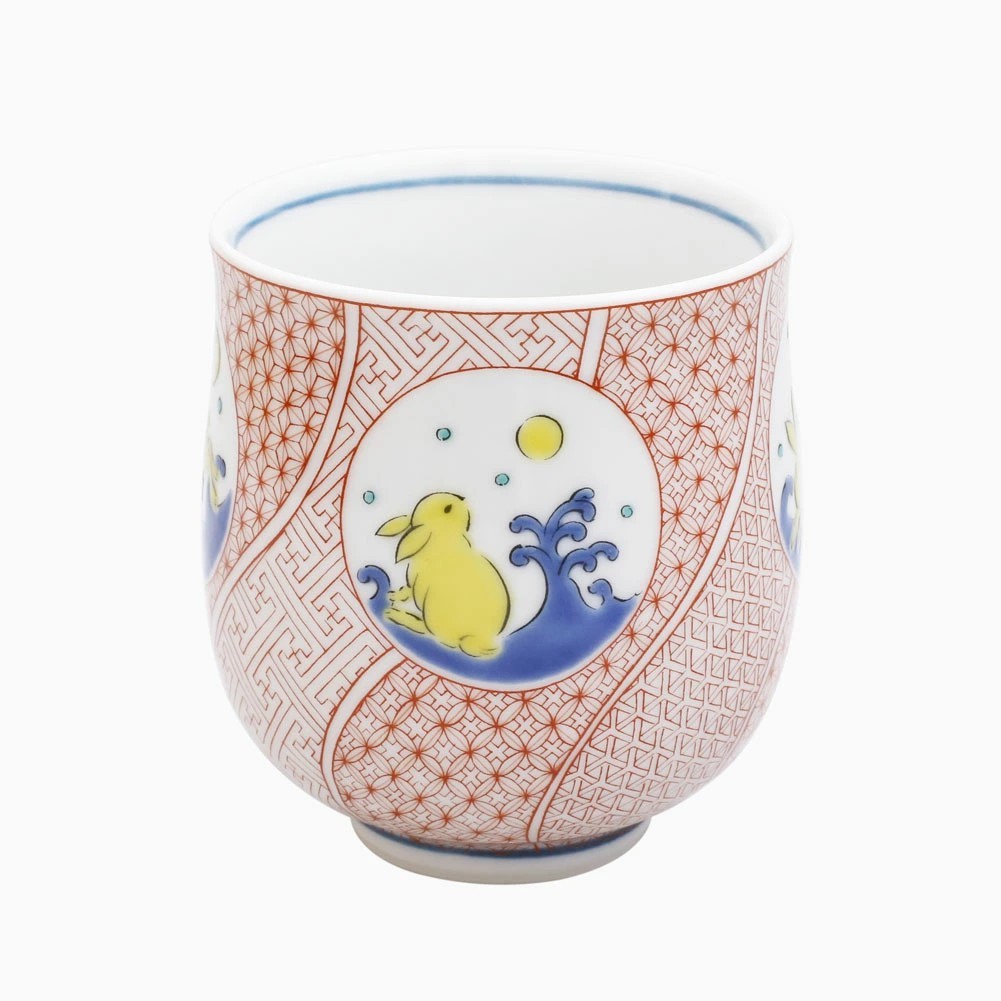 日本製 九谷焼 久谷五彩 磁気 陶器 陶磁器 湯呑 コップ カップ 赤絵うさぎ ウサギ 青郊窯 華やか 鮮やか お洒落 オシャレ お祝い7501-SK25