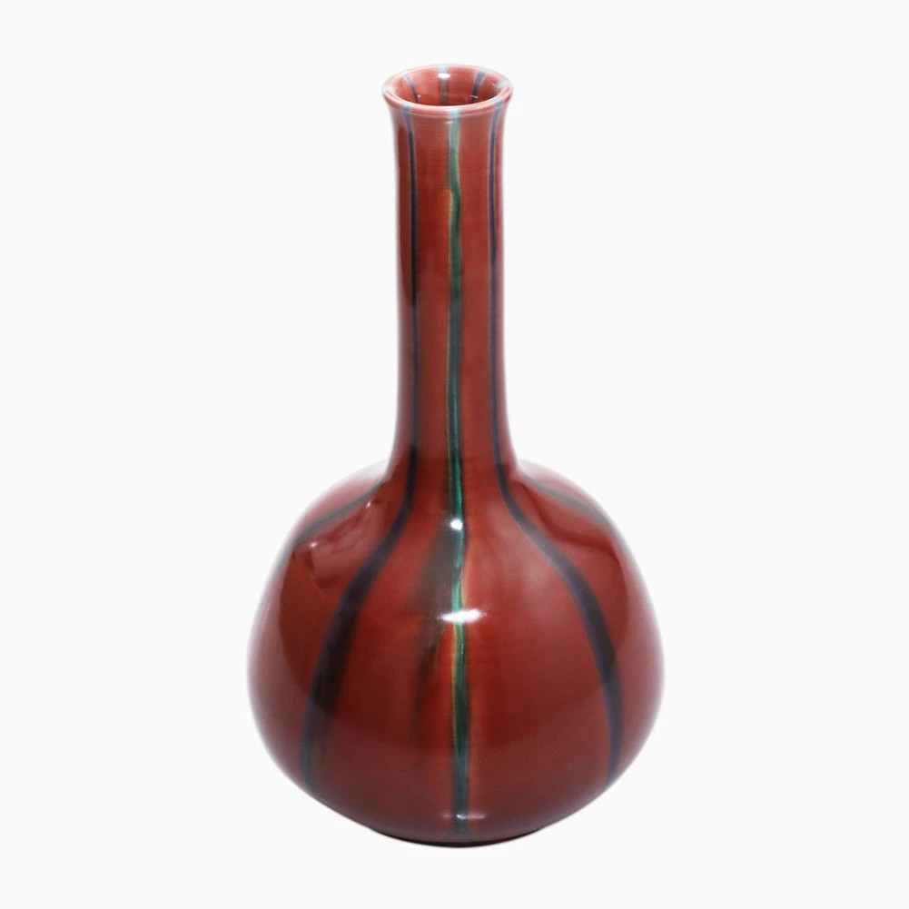 日本製 九谷焼/久谷五彩/北陸伝統工芸/工芸品 五代 中村秋塘作 花瓶/花びん/花器/一輪生/一輪挿し/フラワーベース 6.5号 彩柚赤 インテリア/置物/部屋飾り お洒落/オシャレ7565-SD26