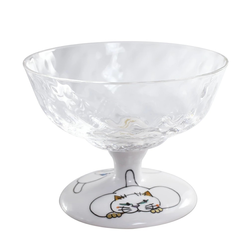 日本製 九谷焼/九谷五彩 磁気/陶器/陶磁器 銀舟窯 グラス/九谷和グラス/デザートグラス 格子柄 ネコの休日/猫/ネコ 7587-SD26