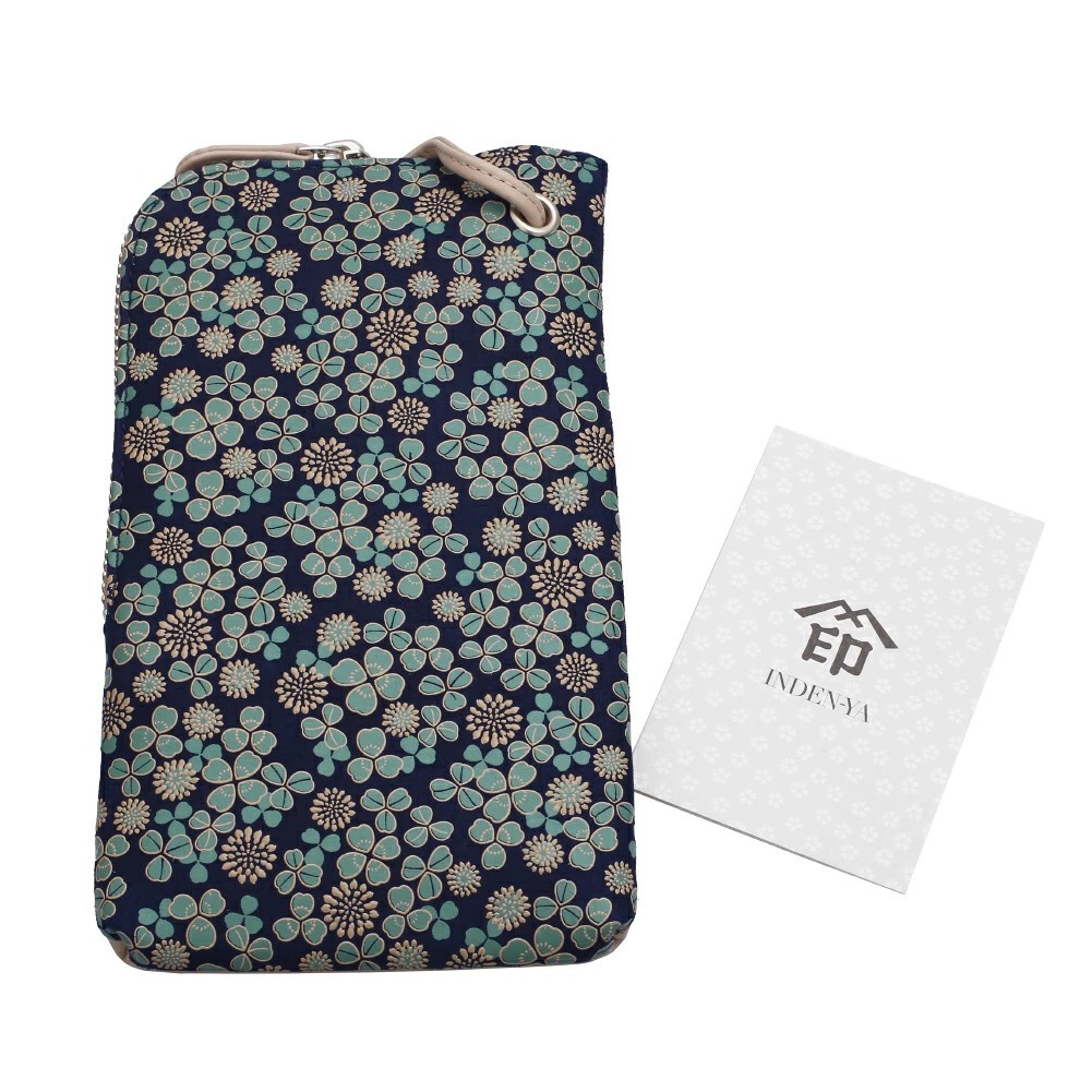 日本製 印伝/INDENYA/印傳屋 スマホポシェット/ポシェット/ポーチ 斜め掛け 牛革/革ひも カード入れ コンパクト 白詰草/シロツメクサ/クローバー プレゼント 7643-IY26