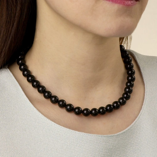 天然ジェット ネックレス 10mm珠 イヤリングセット　0057-FJ07