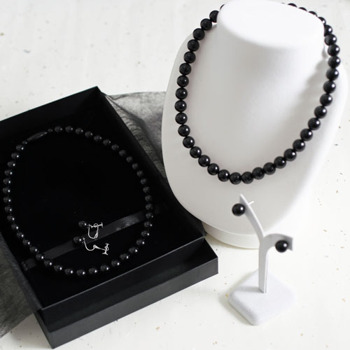 天然ジェット ネックレス 10mm珠 イヤリングセット　0057-FJ07