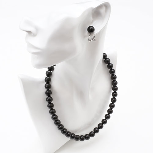 天然ジェット ネックレス 10mm珠 イヤリングセット　0057-FJ07