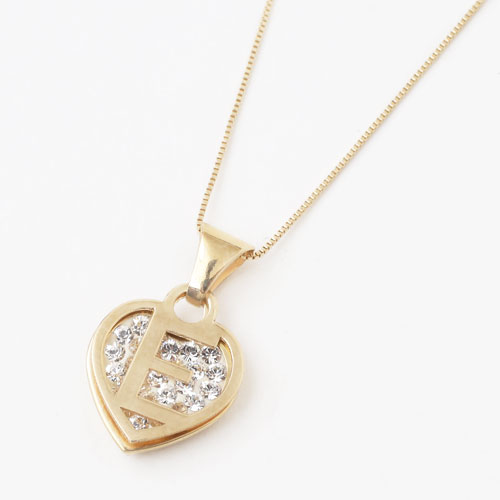 タイ製 9金 10金 ペンダント ハート イニシャル(E) クリスタル　ベネチアンチェーン付 0301-PG08