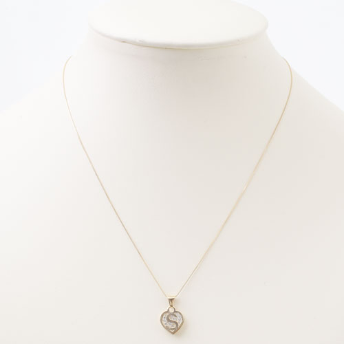 タイ製 9金 10金 ペンダント ハート イニシャル(S) クリスタル　ベネチアンチェーン付 0308-PG08