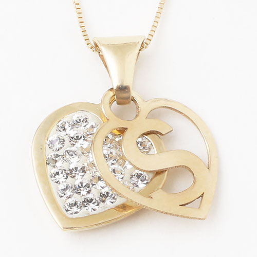 タイ製 9金 10金 ペンダント ハート イニシャル(S) クリスタル　ベネチアンチェーン付 0308-PG08