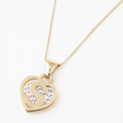 タイ製 9金 10金 ペンダント ハート イニシャル(S) クリスタル　ベネチアンチェーン付 0308-PG08