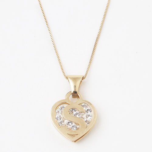 タイ製 9金 10金 ペンダント ハート イニシャル(S) クリスタル　ベネチアンチェーン付 0308-PG08