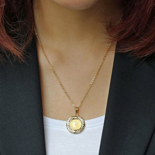 純金 コイン 1/25オンス ペンダント エンジェル/天使 【両面ガラス入】K18枠　0493-PG08