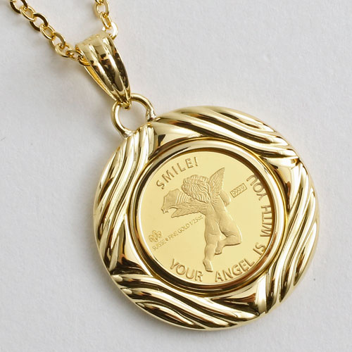 純金 コイン 1/25オンス ペンダント エンジェル/天使 【両面ガラス入】K18枠　0493-PG08