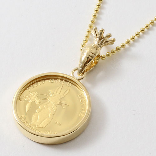 【送料無料】【日本製】純金/Ｋ24 コイン（オーストラリア製） 1/25オンス 両面ガラス入 ピーターラビット にんじん ペンダント/ネックレス  18金/Ｋ18 枠　 1458-PG10