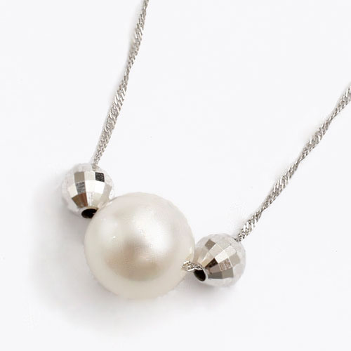 18金 ホワイトゴールド ネックレス ミラクルカット ミラーボール付 あこや真珠 ペンダント　1801-PG12