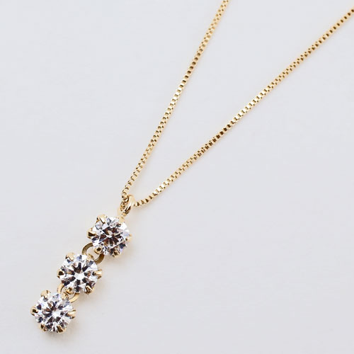 10金 キュービックジルコニア スリーストーン ペンダント K10YG ベネチアンチェーン　2213-PG14