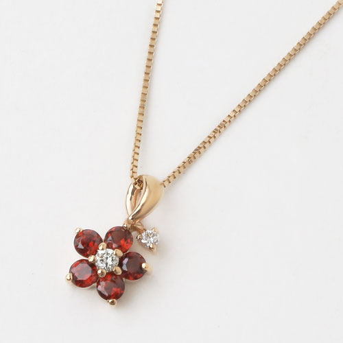 日本製 18金 ピンクゴールド ガーネット ダイヤモンド  フラワー ペンダント　2346-PG15