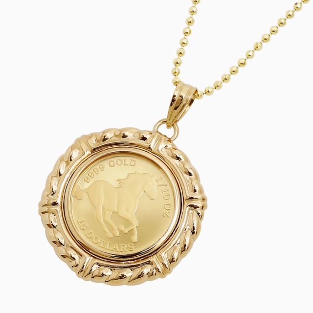 【送料無料】純金/K24/24金 ゴールド/GOLD コイン/COIN/インペンダント 1/10オンス ペンダント 3.1g 18金/K18 フセコミ枠 デザイン枠 男女兼用 カットボールチェーン付き SV925 ホース/馬 エリザベス女王 両面ガラス付き 御守りペンダント 2488-PG16