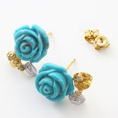 シルバー製 ターコイズ　ダイヤモンド 薔薇 ピアス　3490-FS17