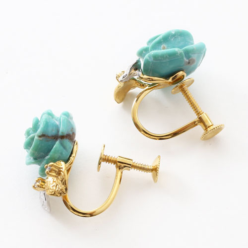 シルバー製 ターコイズ　ダイヤモンド 薔薇 イヤリング　3491-FS17