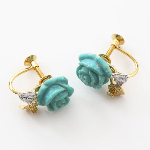 シルバー製 ターコイズ　ダイヤモンド 薔薇 イヤリング　3491-FS17